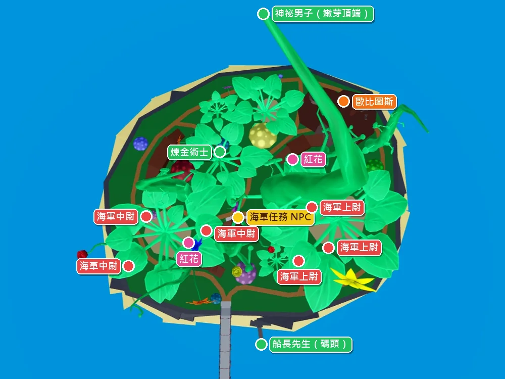 綠色區域俯視地圖：任務 NPC、怪物、首領、紅花與重要 NPC 的位置（本站加上中文標示）