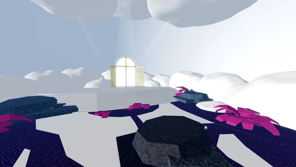 天堂維度(Heavenly Dimension):四周是白色懸崖和雲,地上有粉紅色植物。