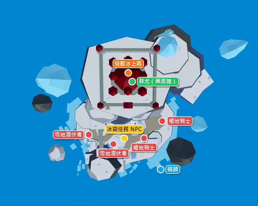 冰堡俯視地圖：任務 NPC 和兩種怪在城堡下方，覺醒冰上將在城堡主殿（本站加上中文標示）