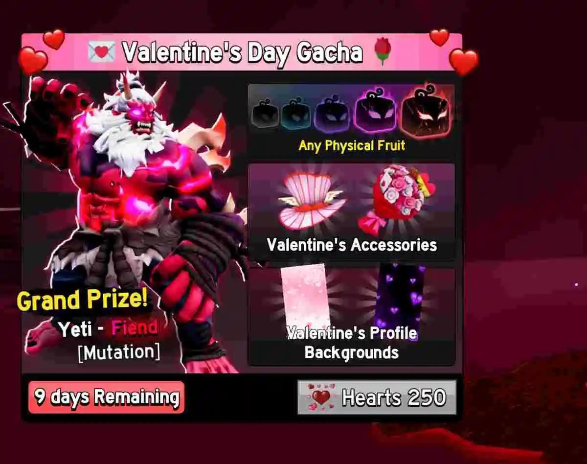 情人節轉蛋（Valentine's Day Gacha）介面，顯示 250 Hearts