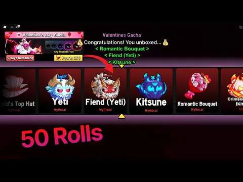 影片縮圖：I Rolled 50x Valentine’s Gacha Boxes for ALL the New Mythical Items & Skins in Blox Fruits..!! 💖🎁✨